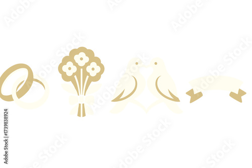 Elegant wedding symbols set with interlocking rings, floral bouquet, and kissing doves