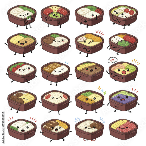 Set of cute kawaii Japanese bento box characters with various emotions.