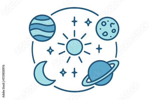 Stylized icon of the solar system showing the sun, orbiting planets, moon, and stars