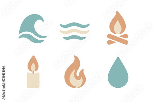 Minimalist graphic symbols depicting fundamental natural elements: water, fire, waves, and heat