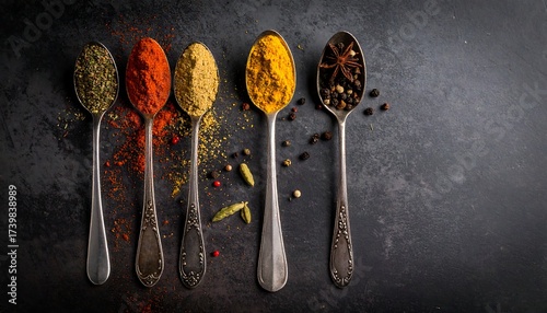 Fototapeta Naklejka Na Ścianę i Meble -  Five antique silver spoons arranged in a row, each holding a different type of spice on a dark textured surface. Overhead shot
