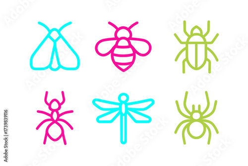 Colorful neon outline symbols of common garden insects and arachnids