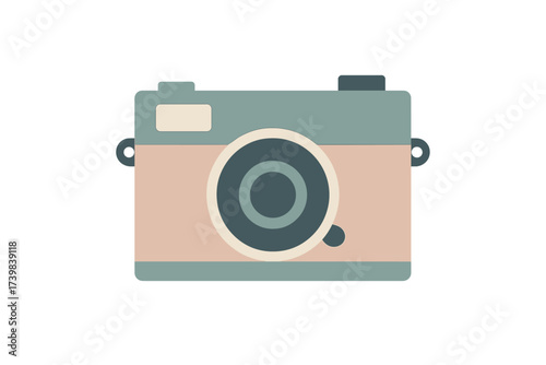 Vintage style compact camera graphic design featuring muted pastel colors and flat aesthetic
