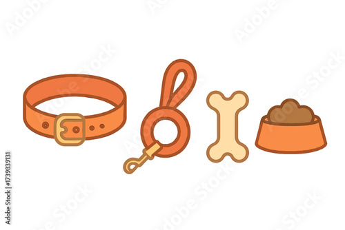 Essential supplies for dog ownership including collar leash bone treat and food bowl