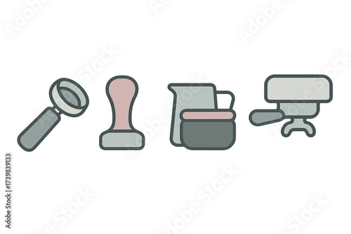 Set of essential barista tools including portafilter tamper and milk pitcher