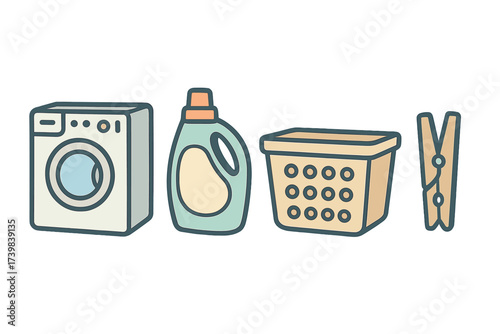 Set of household appliances and tools for washing clothes and doing laundry chores