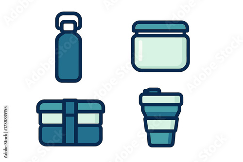Collection of sustainable and reusable daily containers: water bottle, lunch box, food jar, and travel mug