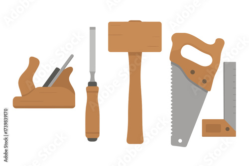 Essential carpentry tools: hand plane, chisel, wooden mallet, handsaw, and square ruler set