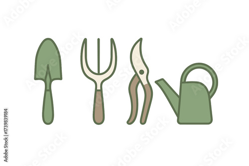 Collection of essential gardening tools including a trowel, hand fork, pruning shears, and watering can