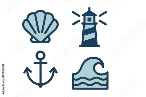 Marine and nautical symbols featuring seashell, lighthouse, anchor, and ocean wave