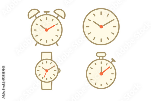 Set of time measurement tools including alarm clock, wristwatch, stopwatch, and wall clock symbols