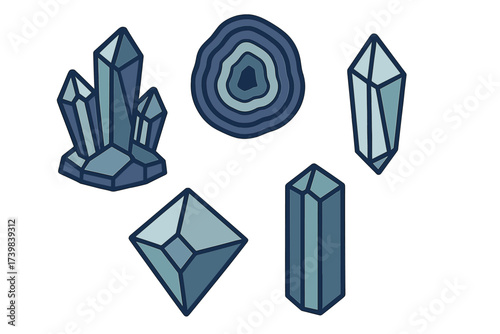 Stylized collection of blue and teal mineral crystals and a cross section of a geode stone