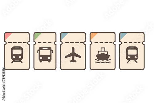 Five retro travel tickets with icons representing different modes of transport