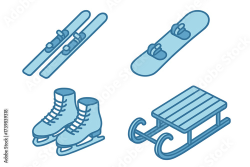 Isometric collection of winter sports equipment including skis, snowboard, ice skates, and sled