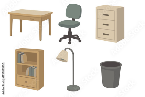 Essential office furniture collection including desk chair bookshelf and filing cabinet