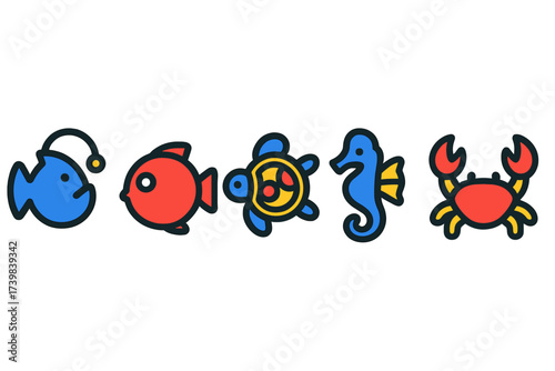 Colorful graphic set of five sea animals: fish, turtle, seahorse, and crab icons