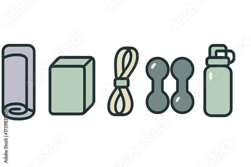 Essential workout equipment set with yoga mat, block, resistance band, and dumbbells