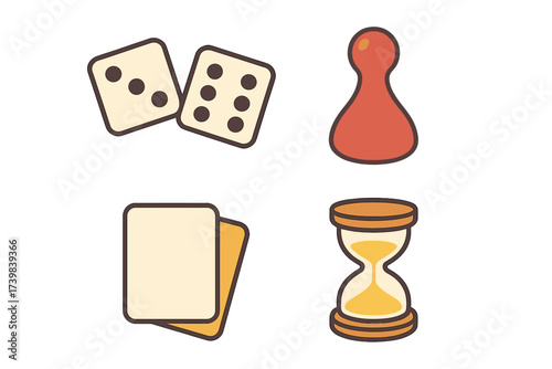 Classic board game elements set including dice, playing cards, hourglass, and red pawn piece