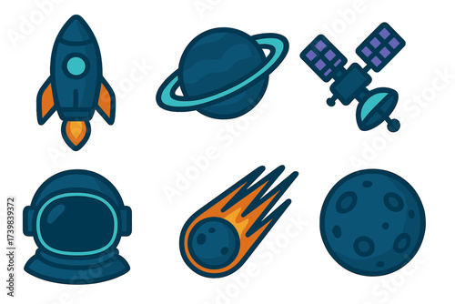 Set of cosmic exploration icons including rocket launch, ringed planet, satellite, and astronaut helmet