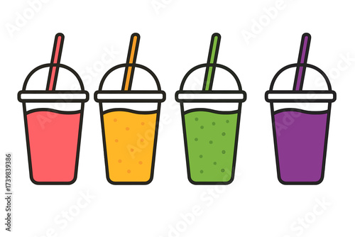 Collection of four brightly colored takeaway cups filled with healthy fruit smoothies and straws