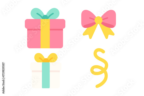 Assortment of brightly colored gift packages, decorative bows, and a swirling party streamer icon