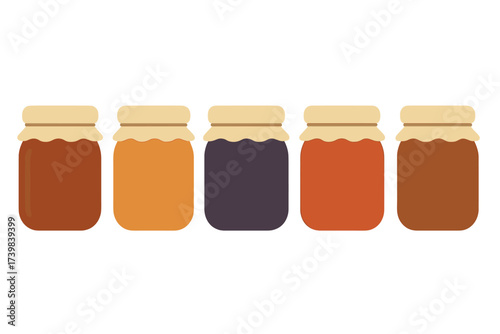 Horizontal row of five glass jars containing fruit preserves and sweet honey