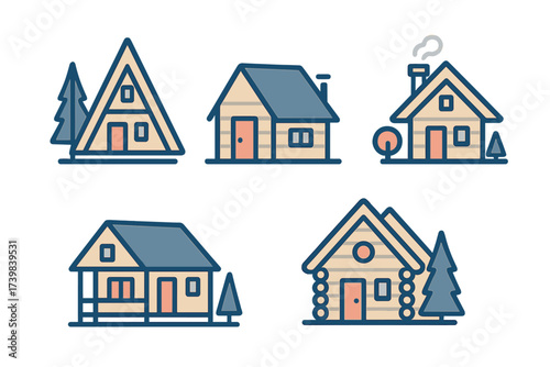 Set of five different styles of rustic wooden cabins and lodges surrounded by trees