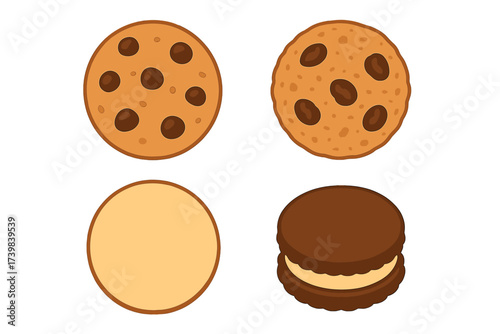 Assortment of sweet dessert cookies including chocolate chip, plain biscuit, and dark chocolate sandwich