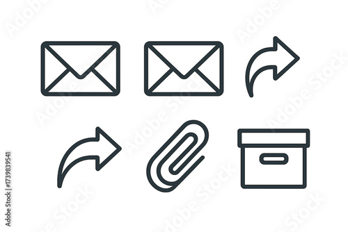 Set of essential outline icons for digital communication, office functions, email, sharing, and archiving