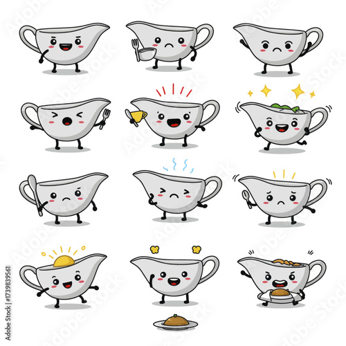 Set of cute gravy boat cartoon characters with various expressions.