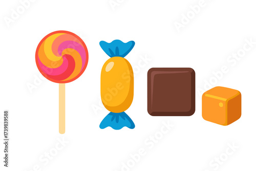 Colorful collection of sweet treats including lollipop, wrapped candy, chocolate, and caramel