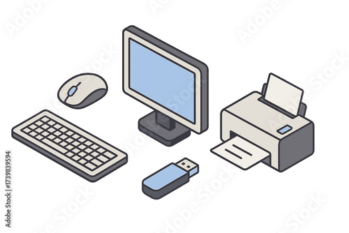 Isometric set of essential desktop computer peripherals and data storage devices