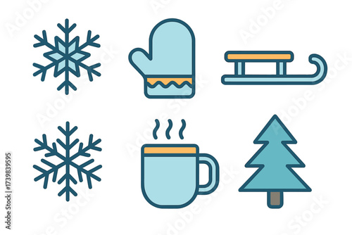 Simple flat design icons representing winter activities and cold weather elements