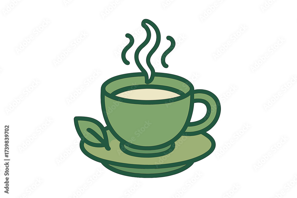 Fototapeta premium Stylized graphic depiction of a steaming green tea cup on a saucer with a decorative leaf detail