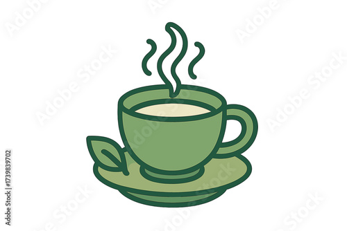 Stylized graphic depiction of a steaming green tea cup on a saucer with a decorative leaf detail