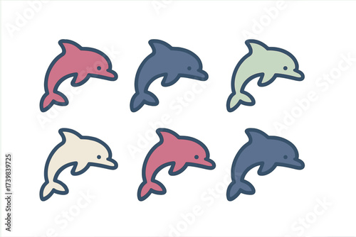 Six jumping dolphin icons featuring simple shapes and a muted color palette for ocean themes