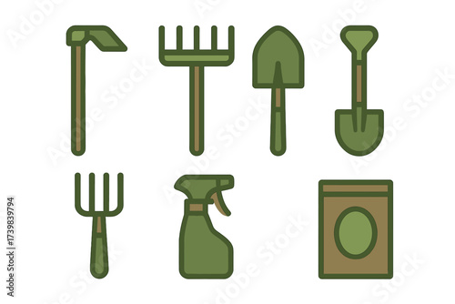 Collection of essential gardening and farming tools including shovel, rake, and seed packet