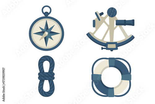 Set of essential nautical navigation and safety equipment including compass sextant rope and lifebuoy