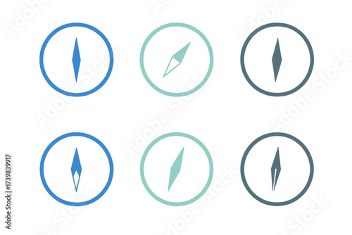 Six minimalist compass symbols in blue and teal shades representing navigation and direction