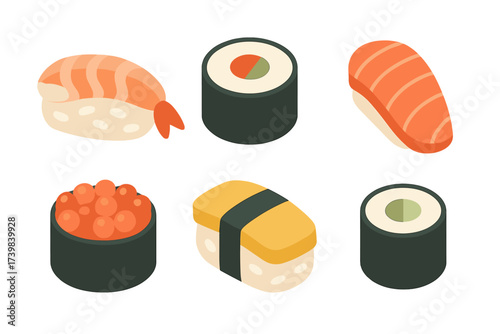 Set of Japanese sushi and maki rolls including nigiri in isometric flat design