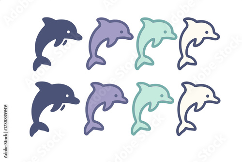 Eight stylized dolphin icons in pastel and muted colors swimming together