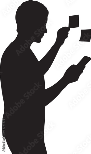 Silhouette of a person thoughtfully placing sticky notes on a white wall for brainstorming and planning ideas