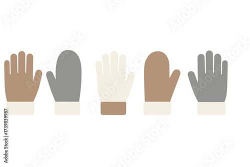 Assortment of warm winter handwear including gloves and mittens in various neutral colors