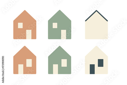 Repeating pattern featuring abstract geometric houses with muted earthy tones