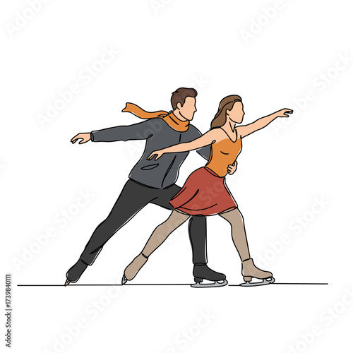 Ice skating couple performing a dance on the rink in winter  
