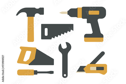 Essential construction and repair tools set featuring hammer, power drill, hand saw, wrench, and utility knife