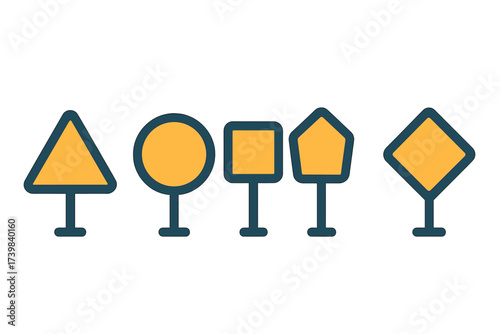 Collection of five blank road signs or information boards with various geometric shapes on posts