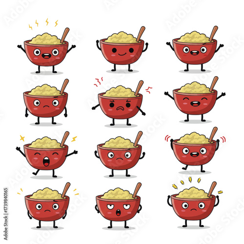 Set of Cute Porridge Bowl Cartoon Characters with Various Expressions.
