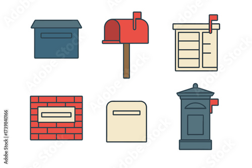 Various designs of mailboxes, post boxes, and letter slots for postal services