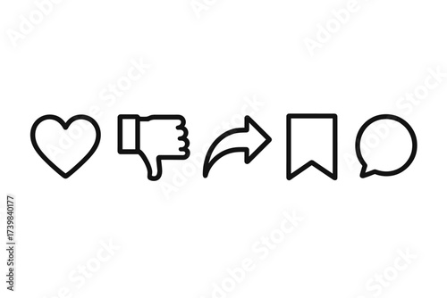 Social media engagement icons set featuring like, dislike, share, save, and comment symbols